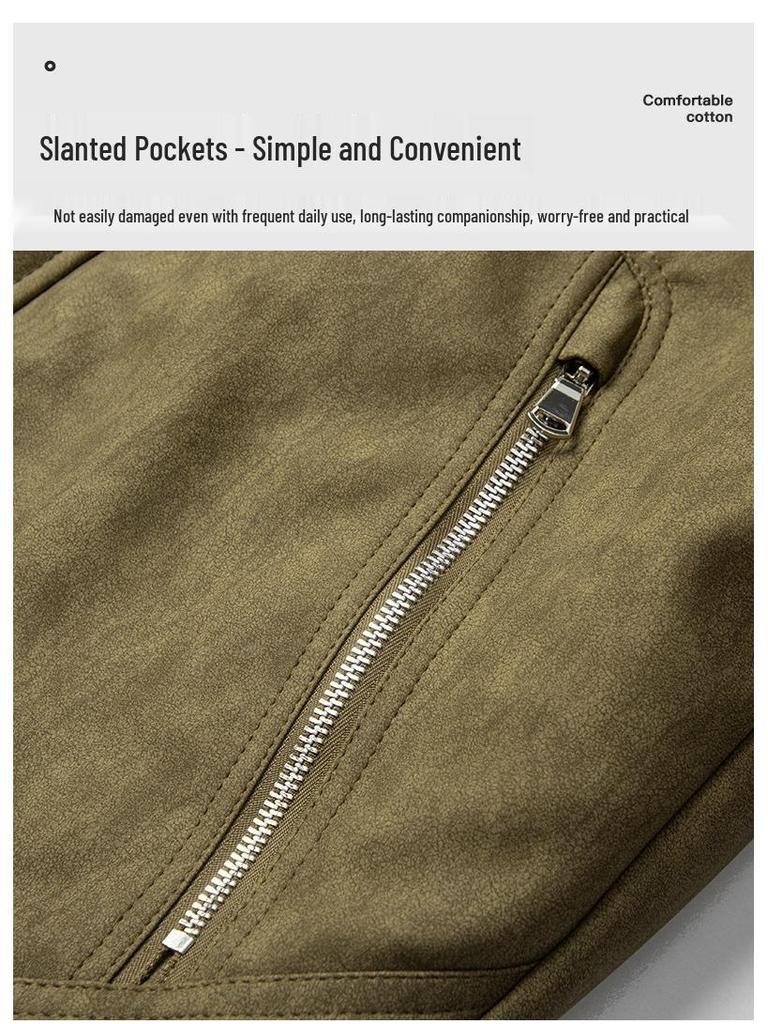 Di Yu Shen Long Men's Trendy Winter Loose Color Block Fleece-Lined Leather Jacket