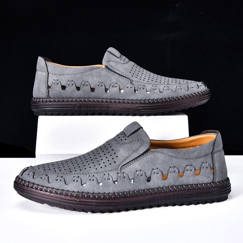 Men's Genuine Leather Casual Shoes Slip On Hollow Shoes Summer Large Size 39-48