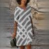 QICED Fashion V-Neck Striped Printed Mid Sleeve A-Line Bamboo Hemp Dress