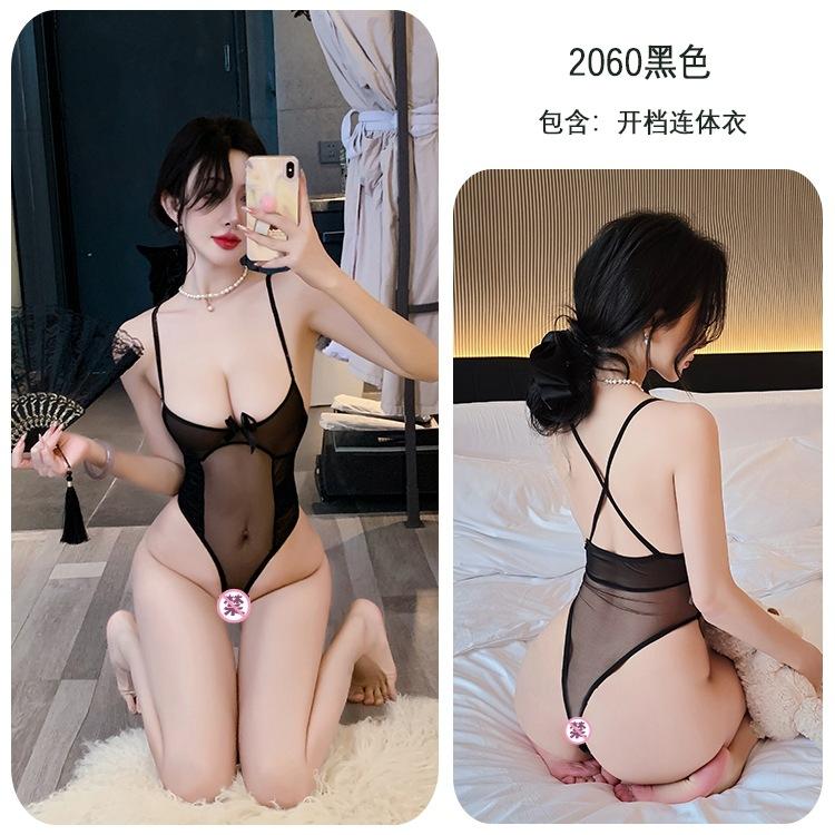 Erotic underwear, transparent bead chain, double-line open crotch, one-piece sexy, pure desire, breast exposure, temptation, no need to take off