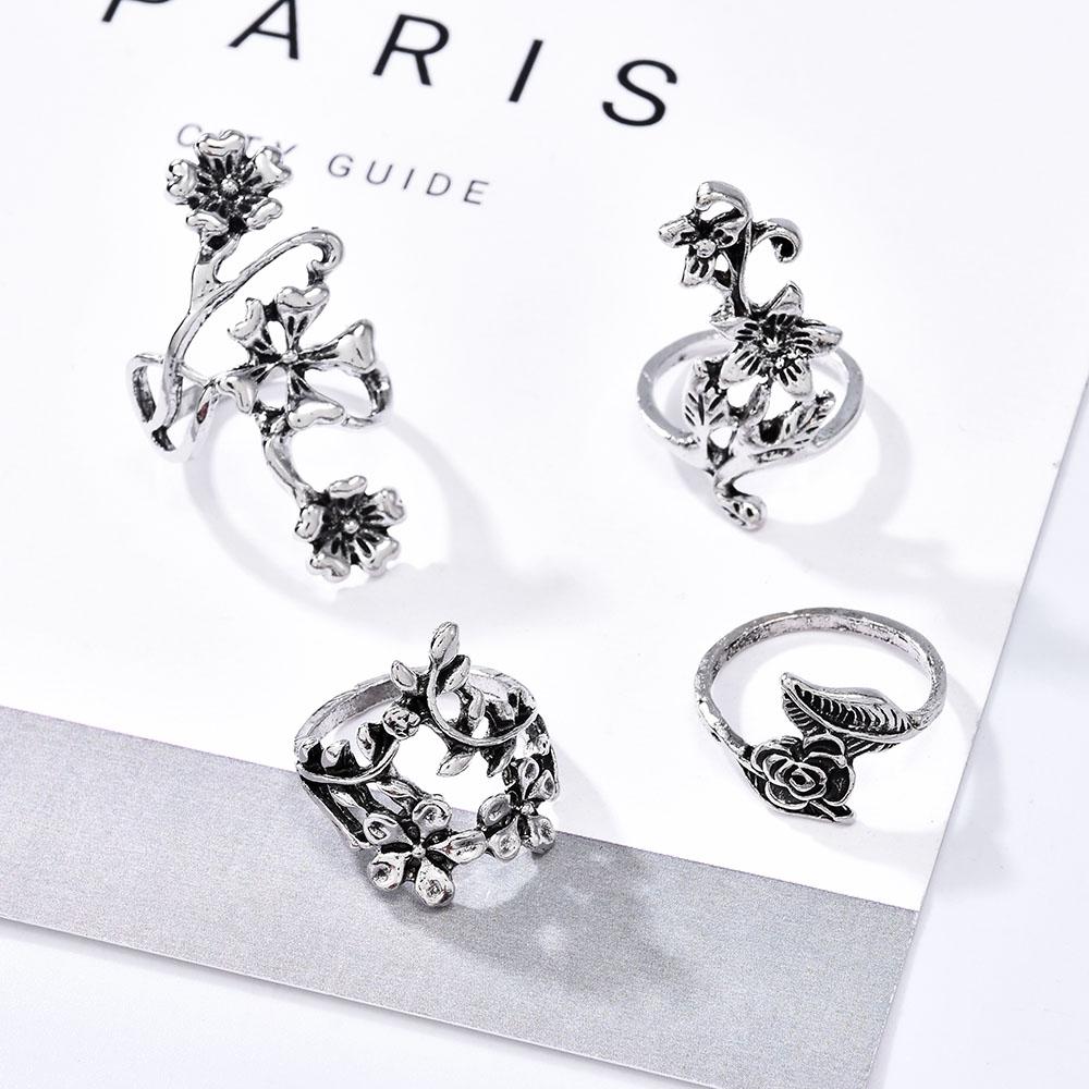 4 Pièces/Ensemble Bague Vigne Feuille Fleur Forêt Vintage Punk Sculptée Antique Bague Midi Doigt Femmes Anneaux Bohèmes Pour Hommes Bijoux Cadeaux