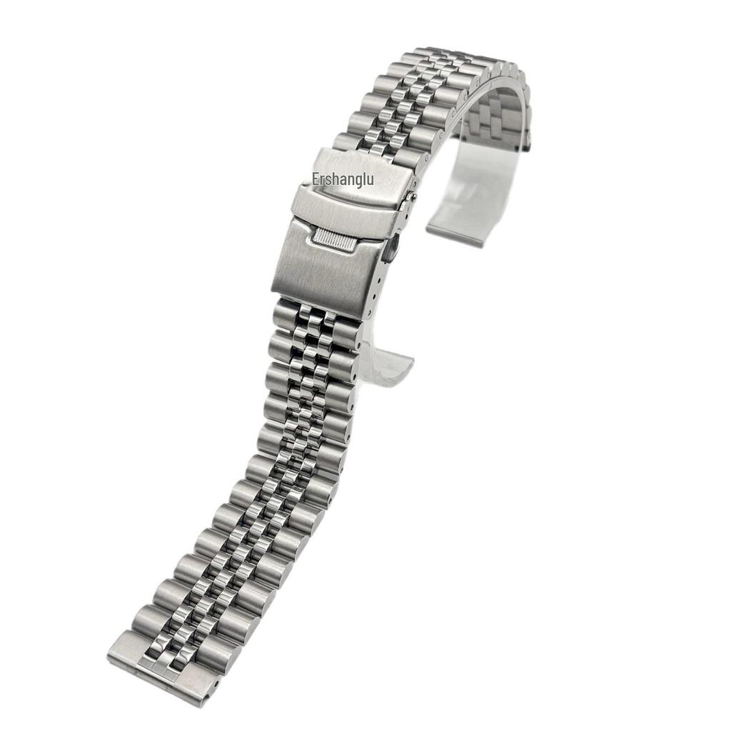 Men's Stainless Steel Watch Band with Double Safety, Flat-End, Solid, Five-Bead Design (Sizes: 18-24mm)