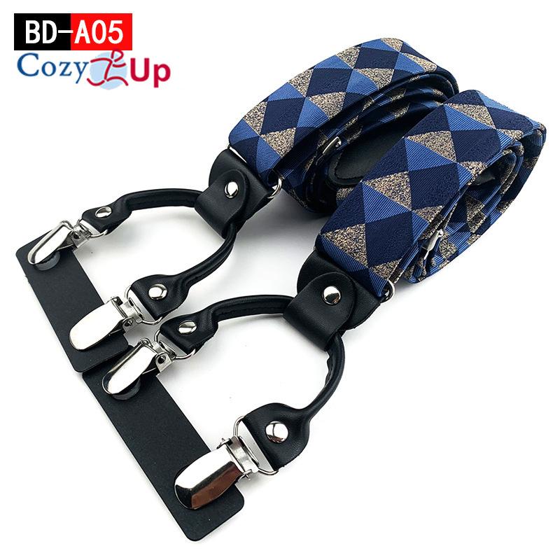 Suspensórios masculinos adultos em forma de Y com 6 clipes em tecido jacquard de couro com alça traseira elástica ajustável com ganchos giratórios e tiras elásticas nas costas em Y