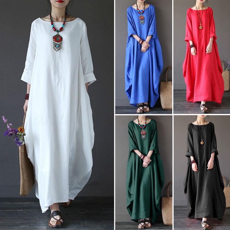 Timeless Design Usa Women Crew Neck Loose Cotton Baggy Maxi Dress Perfect For Summer Occasions