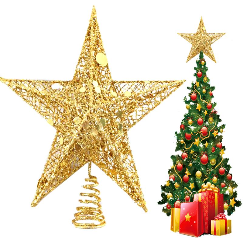 1Pc Metal Exquisite Gold Stamping Party Decoration Pentagram Decoration Christmas Christmas Tree Top Glitter Golden