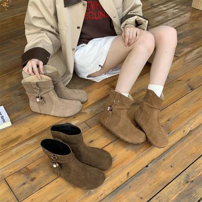 Retro Ethnic Small Pendant Small Short Boots Women's 2025 New Autumn and Winter Sleeve Round Head Stacking Boots Slim Martin Boots