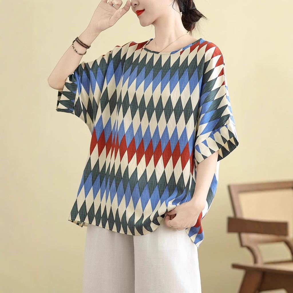 Cotton and Linen Large-size Women's Summer New Loose Slim Retro Contrasting Color Versatile Meat Cover Short-sleeved T-shirt Printed Top