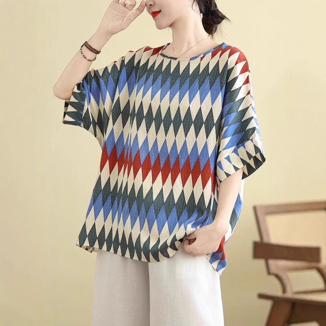 

Хлопок и лен, большой размер, женская летняя новая свободная облегающая ретро-футболка контрастного цвета с короткими рукавами и принтом сверху XXXL