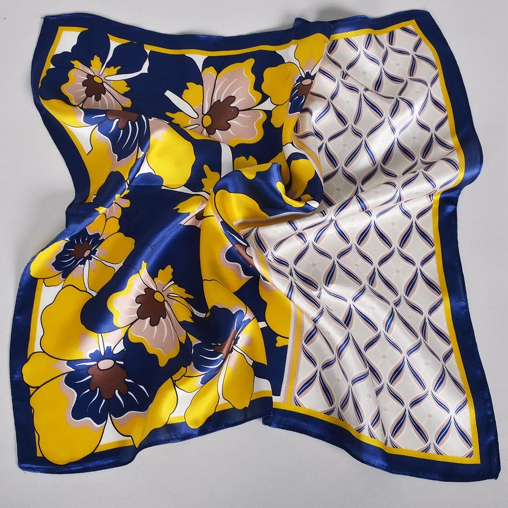 [BYSIFA] Blue Yellow Women Fashion Plaid Pattern 100% Silk Scarf Small Square Scarves Elegant Floral Ladies Hair Accessories