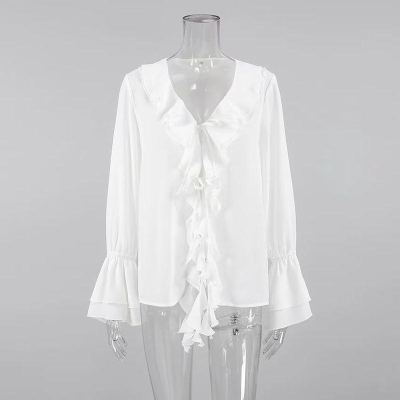 

European and American Frill Bell Sleeve V-neck Lace-up Shirts V-Neck Shirt with Flared Sleeves White M