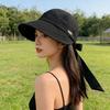 Simple Solid Color Women Sun Hat with Bow Sunshade Wide Brim Bucket Hat UV Protection Korean Style Peaked Cap Fishing