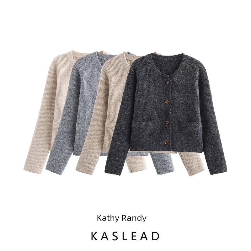 Kaslead New Arrival Women's Clothing Fashion Style Fashion All-Match Wool Sunken Stripe round Neck Knitting Cardigan Outwear