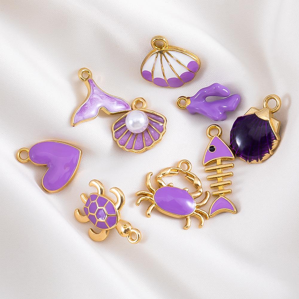 10pcs Cute Green Purple Pink Enamel Ocean Crab Conch Fishtail Heart Charms Alloy Pendants DIY Necklace Bracelet Jewelry Findings
