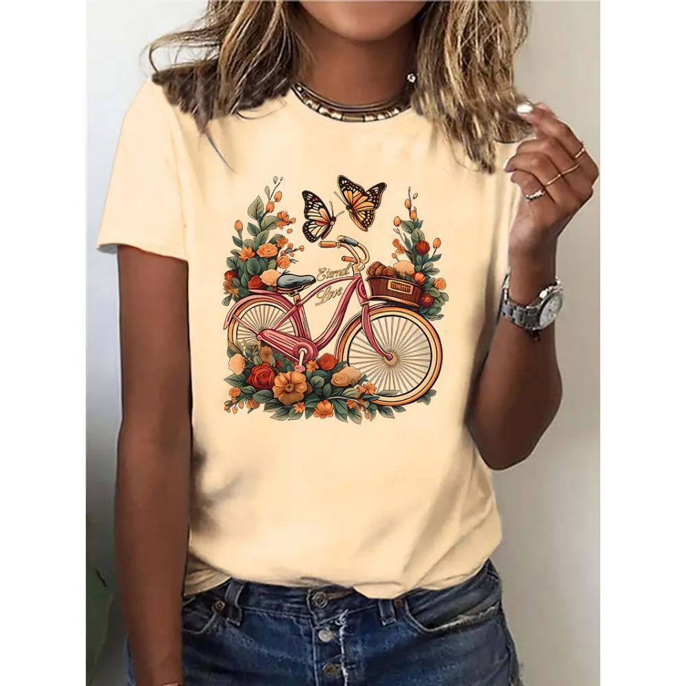 

Women s Floral Butterfly Bicycle T-Shirt Graphic Print Design Round Neck Tee Spring Summer T Shirt 6XL