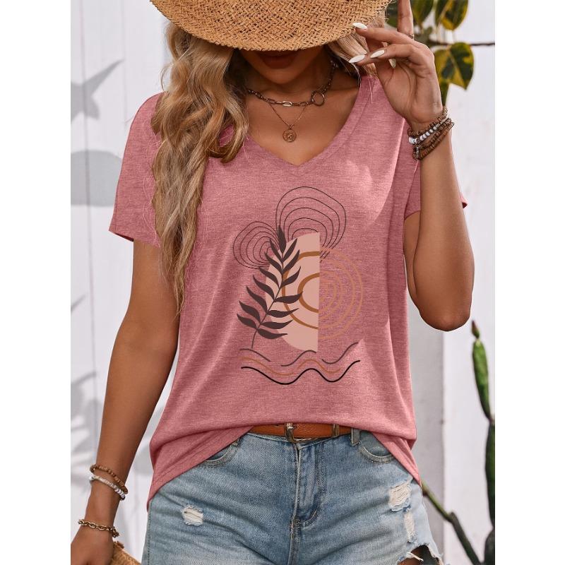 Bohemian Style Modern Abstract Nature Elements Illustration Pattern V-Neck Short Sleeve T-Shirt, Suitable for Outing And Leisure, Casual, Daily Wear