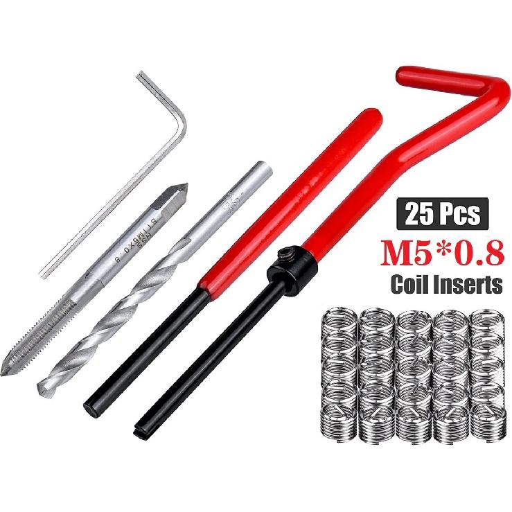 Fixinus 30 Piece M5 x 0.8mm Thread Repair ert Kit, Stainless Steel Thread Repair Kit Helicoil Coil Compatible Hand Tool Set for Auto Repair