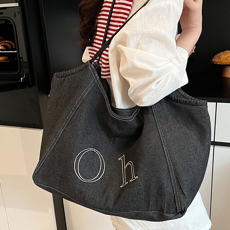 Vintage Denim Tote Bag Women's New Large Capacity Letter Shoulder Bag Commuter Armpit