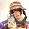 Korean Handcrochet Vintage Rainbow Striped Bucket Hat Women Cute 3D Bowknot Warm Faux Wool Knitted Beanies Fishing Cap