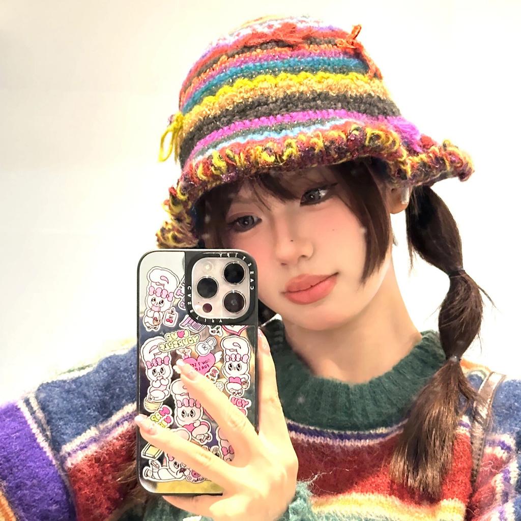 Korean Handcrochet Vintage Rainbow Striped Bucket Hat Women Cute 3D Bowknot Warm Faux Wool Knitted Beanies Fishing Cap