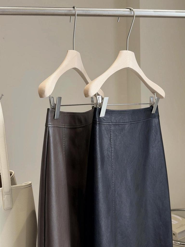 Women's Coffee PU Leather Mid-Length High-Waisted A-Line Pencil Skirt with Slit