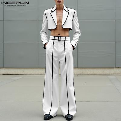 Men Stitching Long Sleeve Cropped Tops and Long Pants Outfits Sets