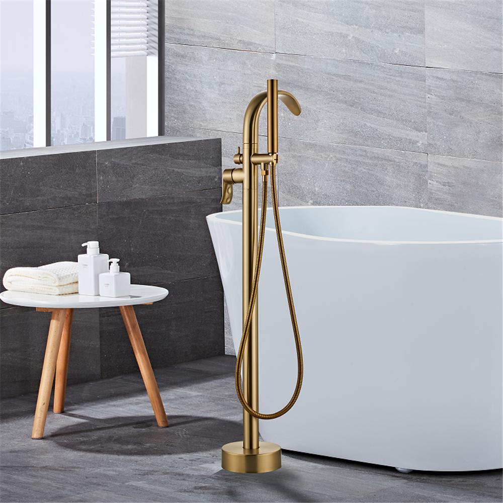 Tuqiu Brushed Gold Bathtub Faucet Set Floor Decked Brass Black Waterfall Bathtub Mixer Morden Style Gold Bathroom Taps