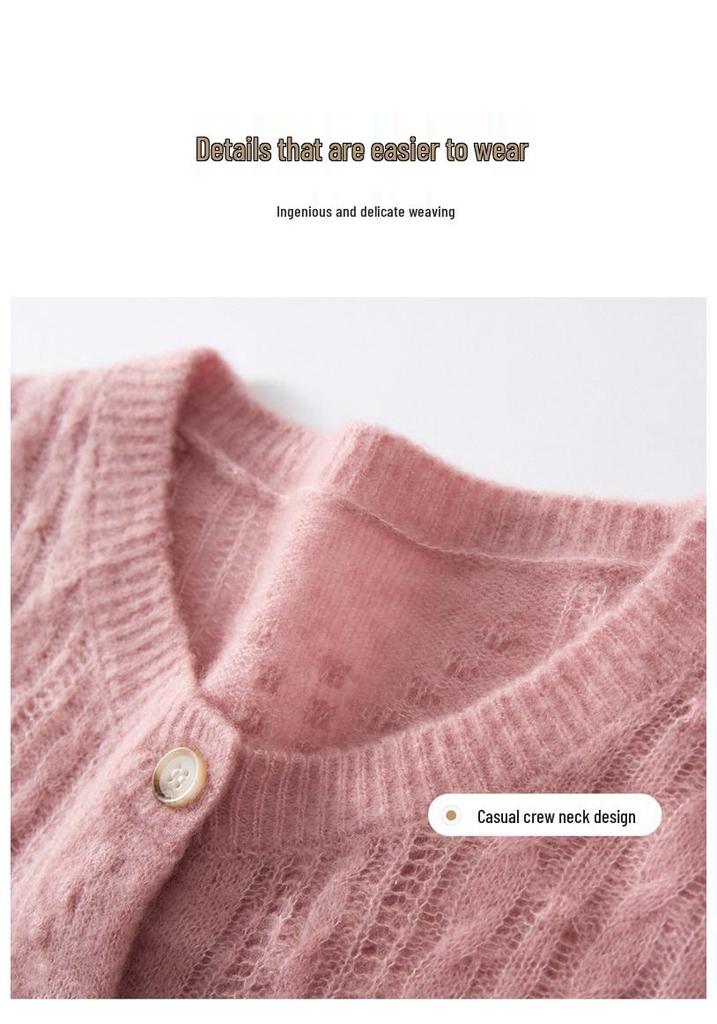 Women's Cashmere Silk Cable Knit Cardigan - Round Neck, Solid Color, Warm Mulberry Silk Sweater.