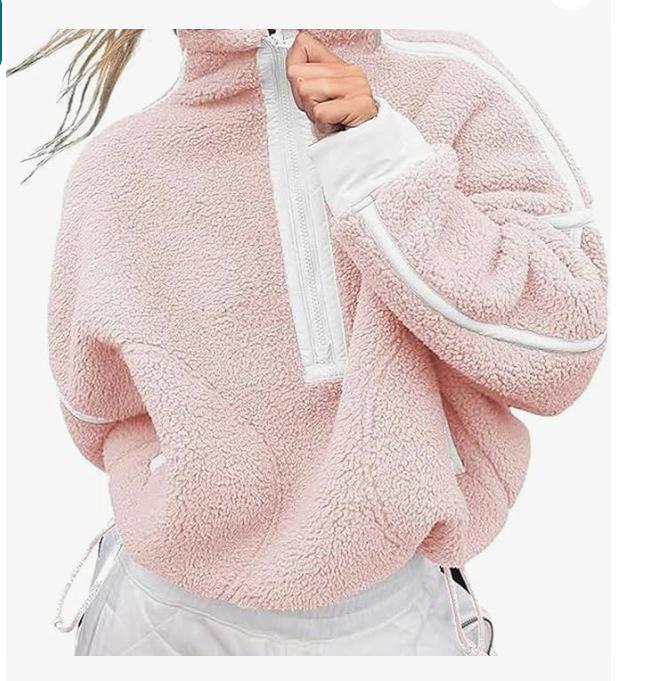 Amazon women s zip-up sweatshirt, hoodie, long-sleeved stand-up neck jumper, casual color matching top with pocket S розовый