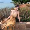 French Oil Painting Printing Halter Neck Dress Women's First Love Long Dress Gentle and Beautiful Beach Dress Summer