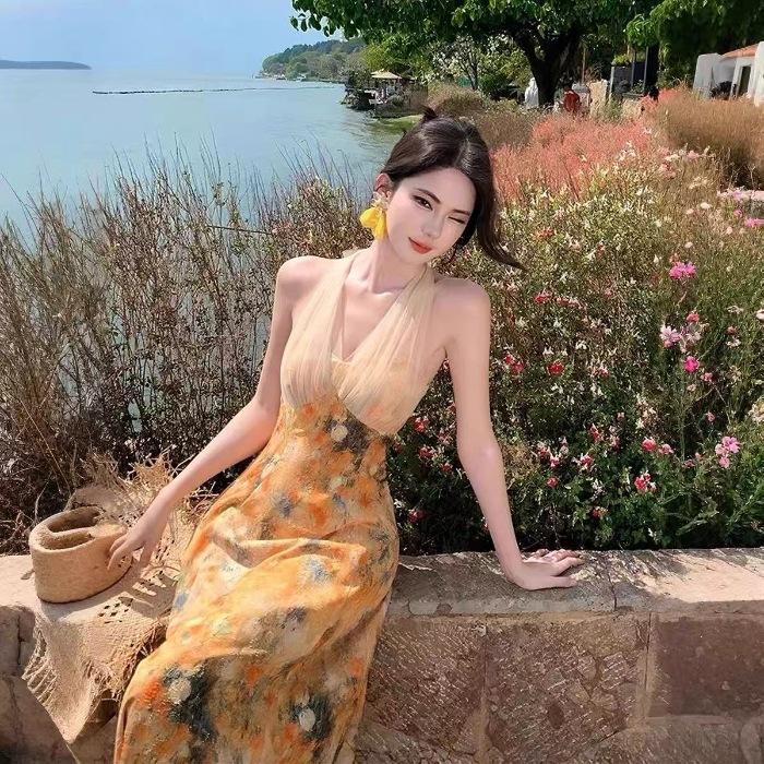 French Oil Painting Printing Halter Neck Dress Women's First Love Long Dress Gentle and Beautiful Beach Dress Summer