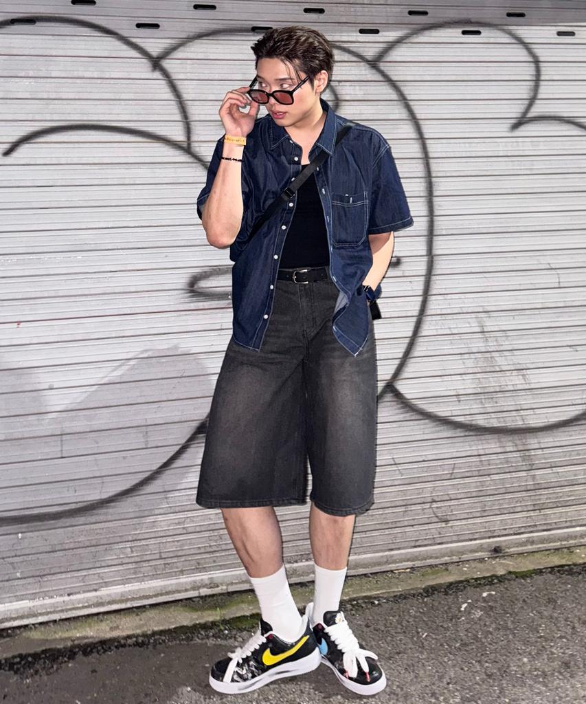 BLOND9 [Set] Pocket Half Denim Shirt + Bermuda Shorts Set