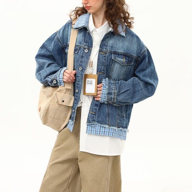 

Unisex Trendy Plaid Patchwork Denim Jacket - American Retro Style 3XL синій