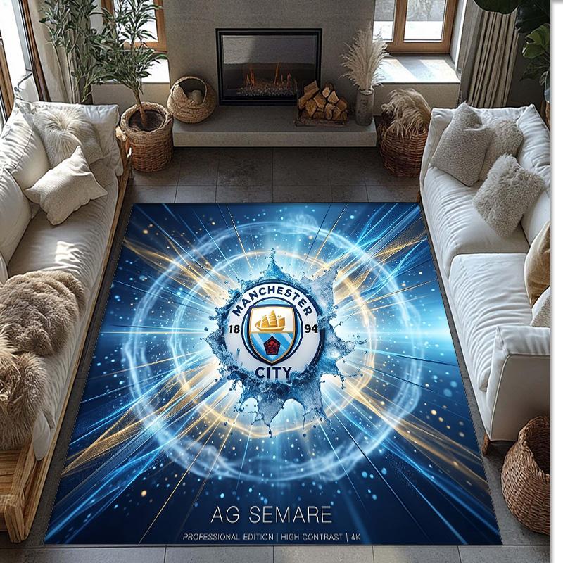Manchester City Printed Flannel Area Rug Non Slip Soft Polyester Floor Carpet Indoor Decor Mat for Bedroom Living Room Sofa
