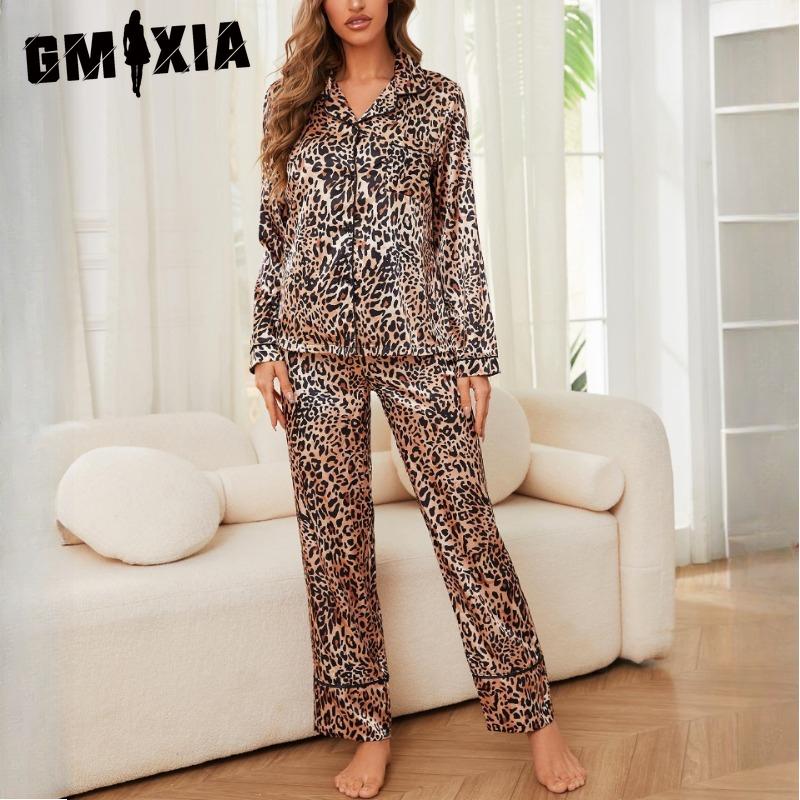 GMXIA Women's Pajamas Autumn and Winter Simulation Silk Leopard Long-sleeved Trousers Two Sets of Homewear