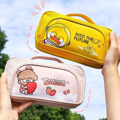 Cartoon Pencil Bag Pen Case Kawaii PU & Canvas Handbag Multi Slot Mesh Pocket Storage Pouch for Stationery