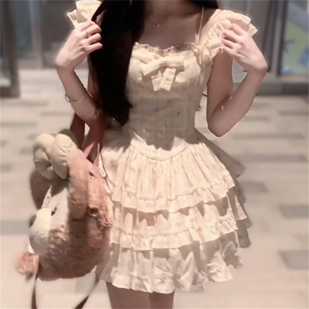 Sweet floral square neck dress women's summer new Korean version slimming temperament Japanese puffy skirt