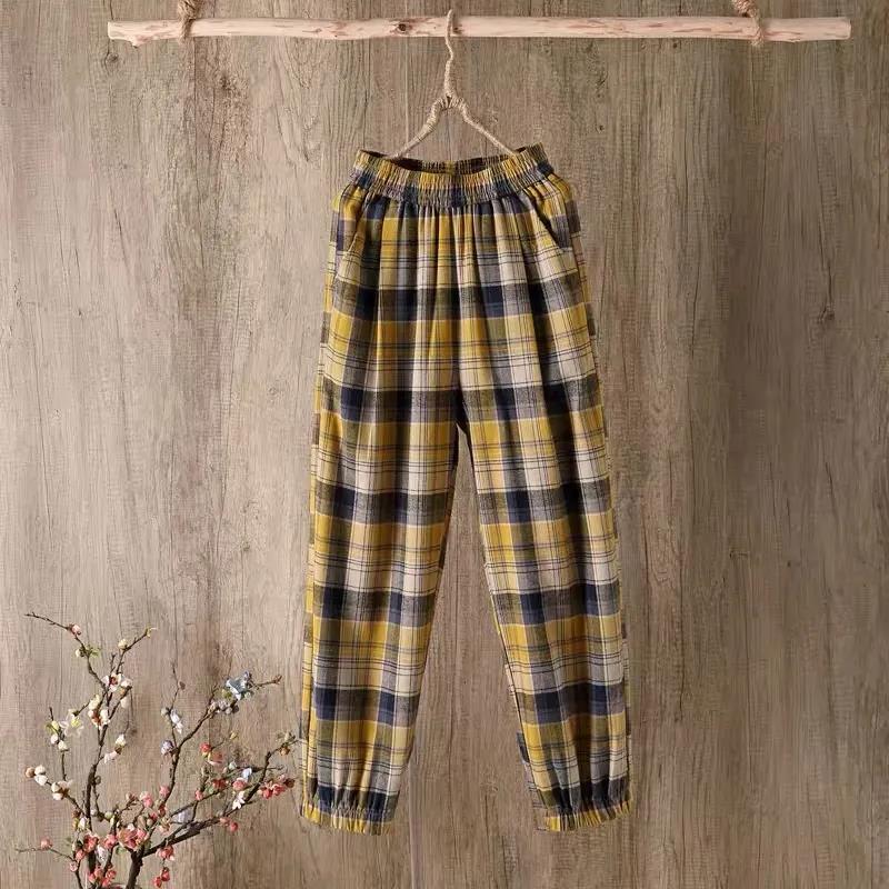 WTEMPO Plaid Pants Women Loose and Thin Elastic Waist Straight Casual Pants Size M-XXXXL