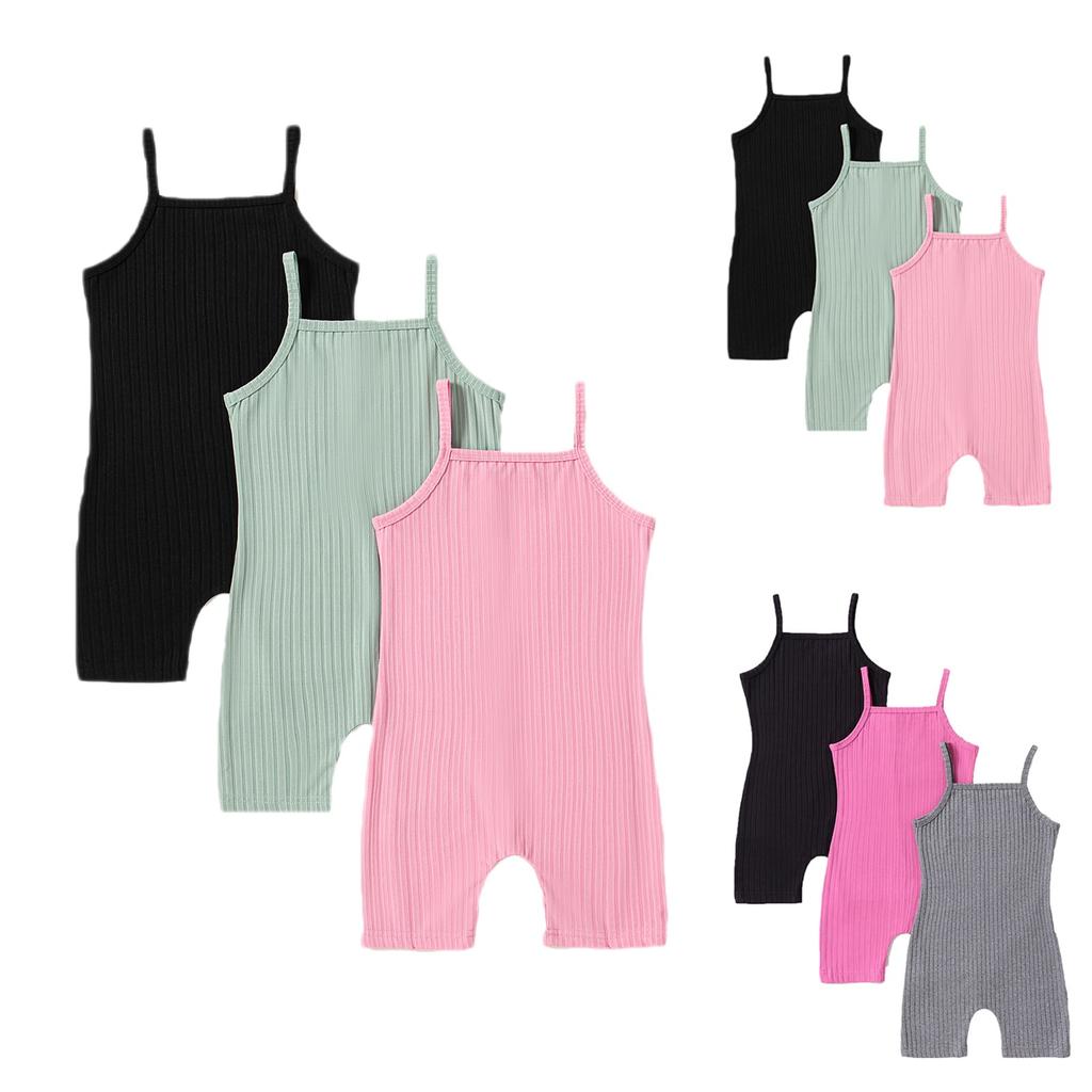 Girls Ribbed Knit Sleeveless Jumpsuit Set 3 Pack Stretchy Soft Fabric Comfortable Fit Casual One-Piece Outfit for Toddlers and Kids