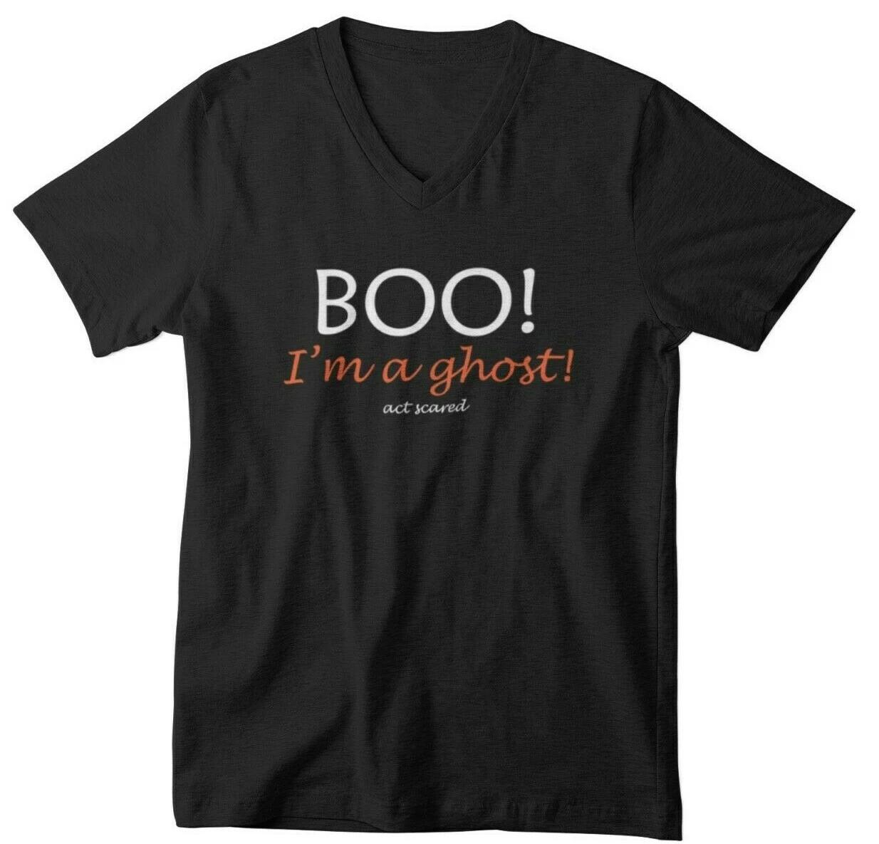 Mens V-neck Boo I m a Ghost Act Scared T Shirt Halloween Fall T-Shirt Scary Tee M