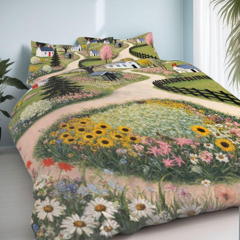 3-Piece Bedding Pillowcase Quilt Cover Set Country Scenic Flower House 2D Digital Printing Suitable For Bedroom Dormitory Decor