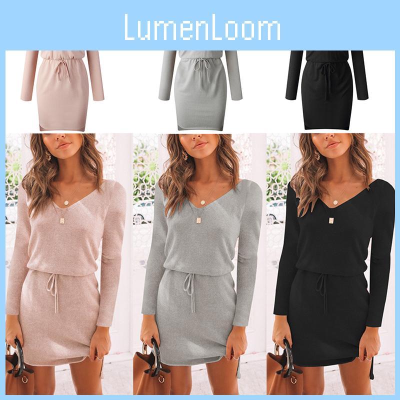 Cozy Deep V-neck Womens Knitted Jumper Sweater Dress For Autumn And Winter
