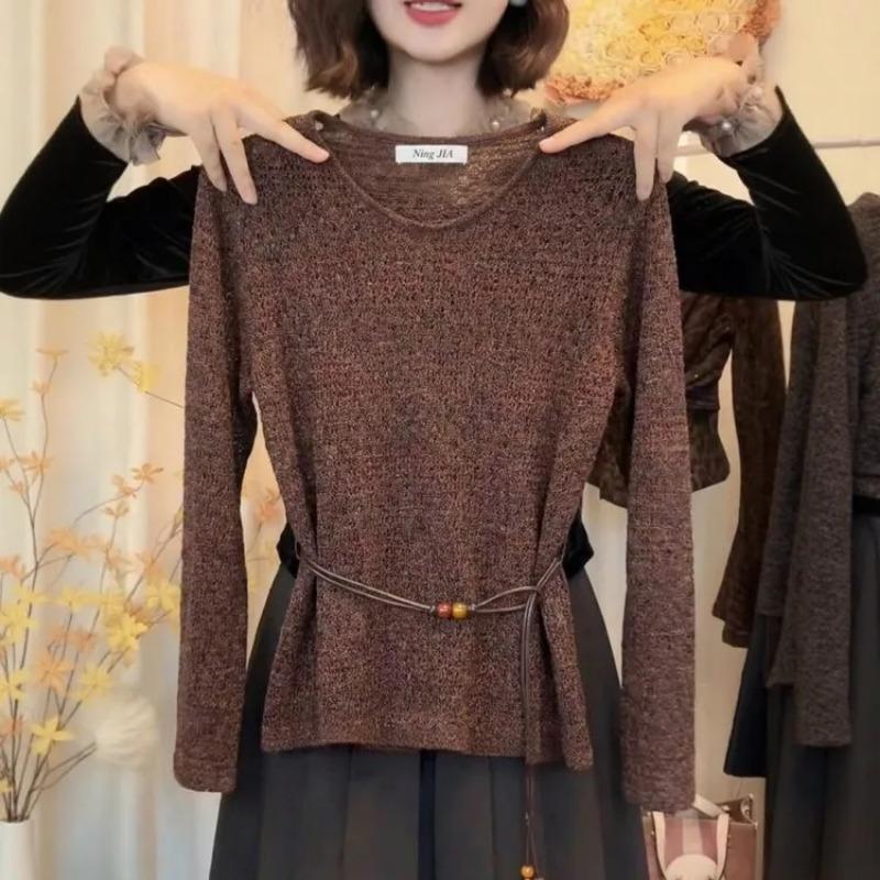 

Spring Korean Style Retro Sweater Women s Long-sleeved Waist Tie Versatile Top... S коричневый
