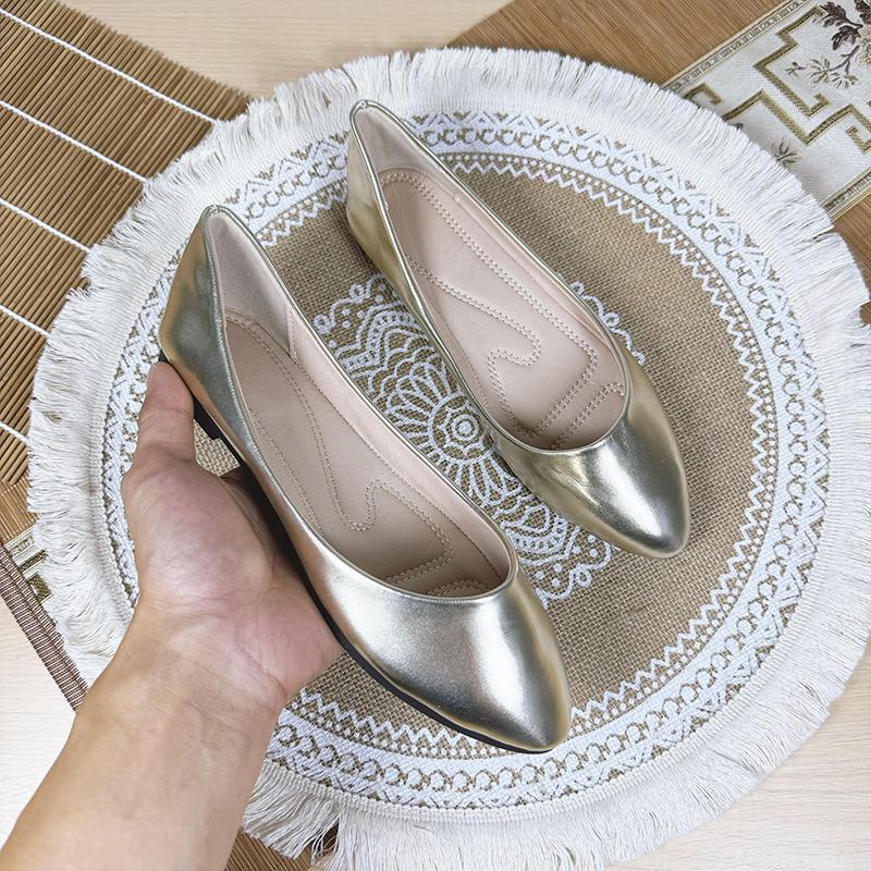 Fashion Flat Shoes for Women 2025 Spring and Autumn New Silver Shallow Mouth Pointed Toe Plus Sized Shoes 42 43 44 Ladies Women