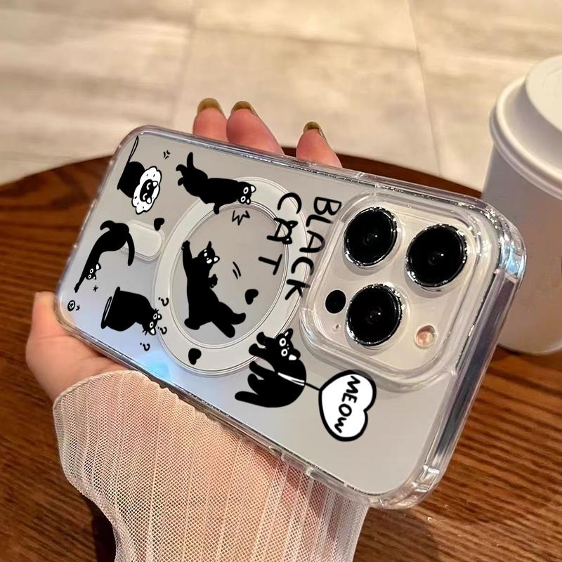 For Magsafe Magnetic Phone Case For Samsung Galaxy S26 Ultra S25 S24 FE S23 S22 Plus Cute Cartoon Black Cat Pattern Clear Cover