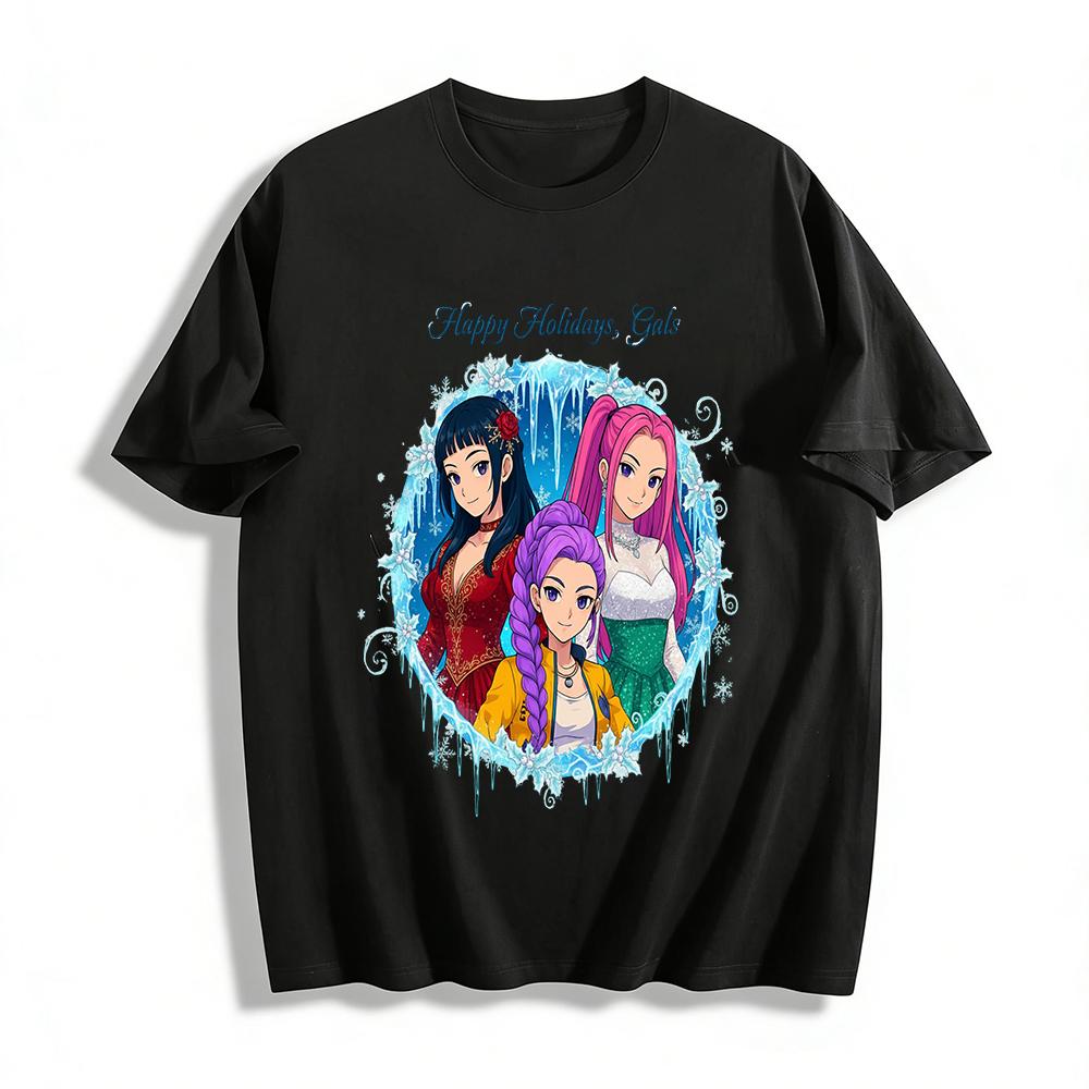 

Happy Holidays Gals Anime Print Top Festive Themed Casual Versatile T-Shirt For Women Pure cotton T-shirt XXS