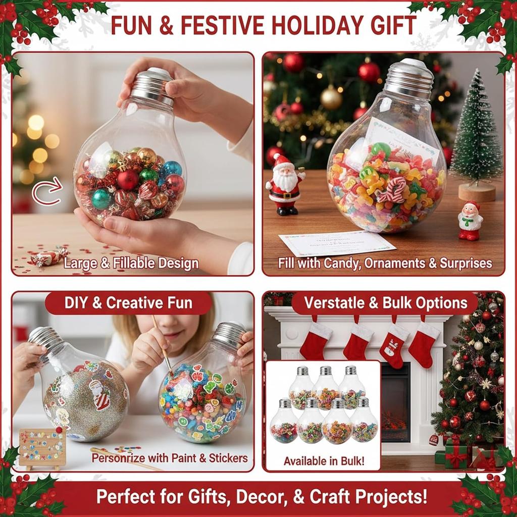 Light Bulb Shaped Refillable Bottles Christmas Ornaments Plastic Candy Containers DIY Christmas Ball Plastic Baubles
