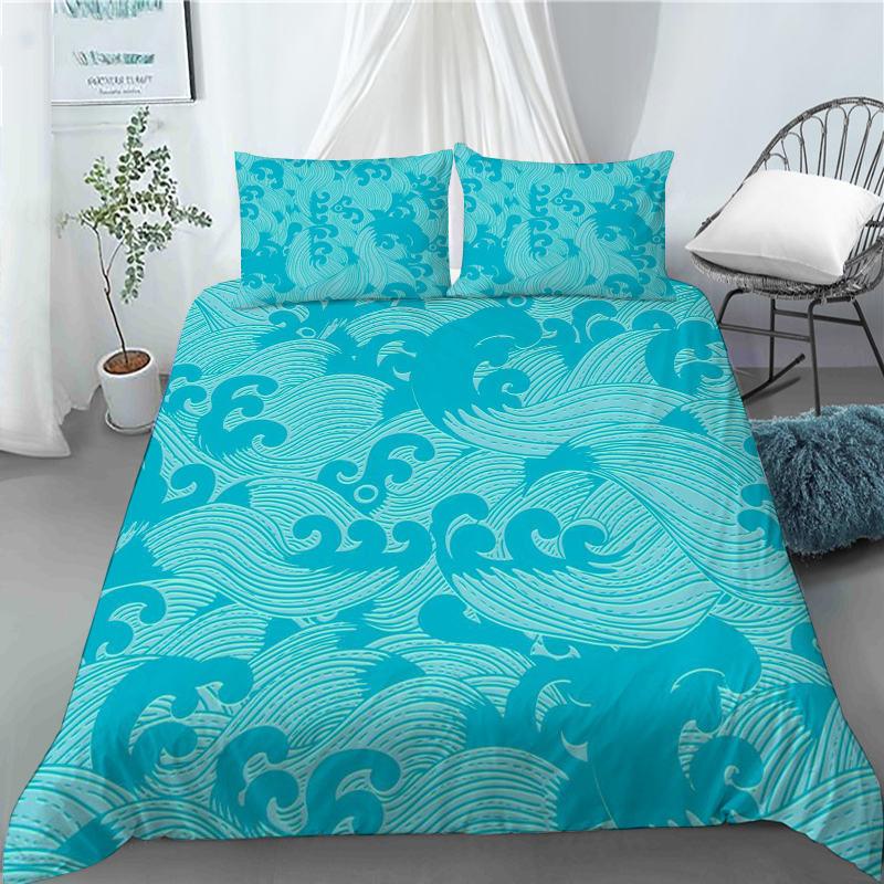 3D Japanese Wave Pattern Duvet Cover Set Fashion Polyester Quilt Cover with Pillowcase for Children Women Home Room Decor Gifts