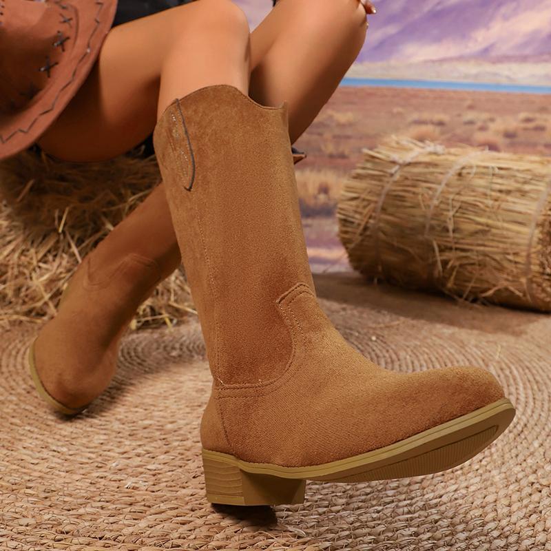 Fashion 2025 Vintage Embroidery Western Boots Women Plus Size 36-43 Thick Heels Mid Calf Boots Woman Autumn Winter Slip On Cowgirl Botas