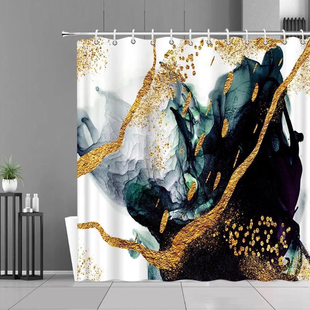 Blue Gold Marble Shower Curtains Golden Cracked Lines Abstract Modern Home Washable Polyester Fabric Bath Curtain Bathroom Decor