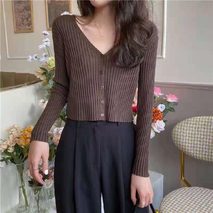 Autumn/Spring Korean Style Slimming V-Neck Ribbed Knit Cardigan Long Sleeve Top for Women Students
